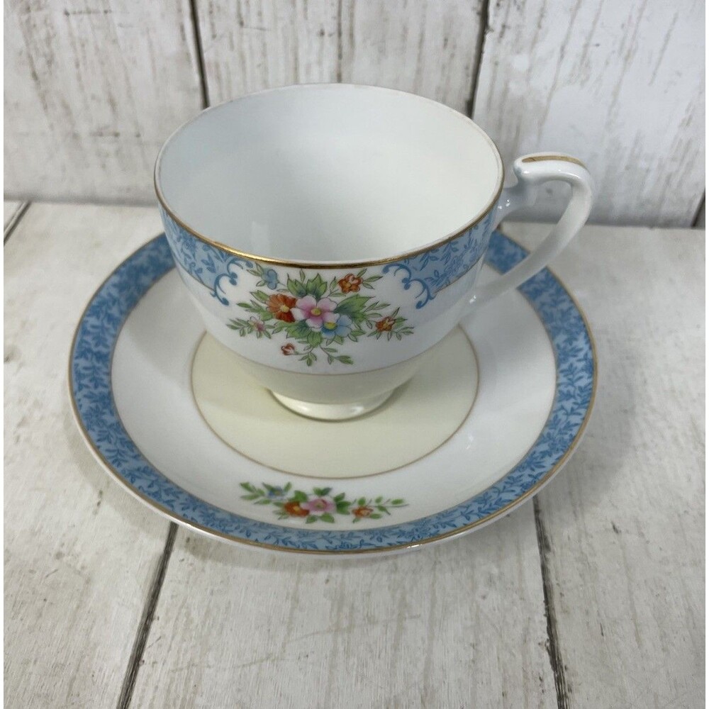 Vtg Noritake Japan Teacup & Saucer Blue Bands, Multi Colored Flowers Gold Trim